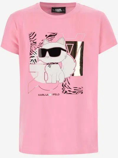 Karl Lagerfeld Kids' Cotton Blend T-shirt With Logo In Pink