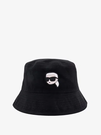 Karl Lagerfeld Cotton Bucket Hat With Iconic Patch In Black