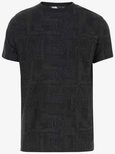 Karl Lagerfeld Cotton T-shirt With All-over Logo In Black