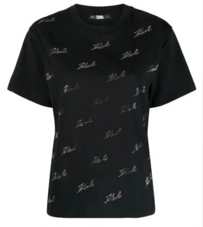 Karl Lagerfeld Cotton T-shirt With Rhinestones In Black