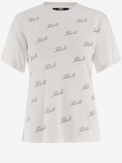 Karl Lagerfeld Cotton T-shirt With Rhinestones In White
