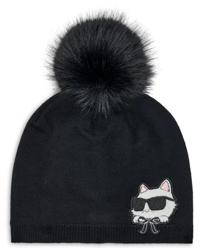 Karl Lagerfeld Cozy Cat Faux-fur Pom Beanie Hat In Black