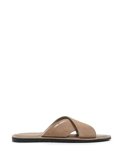 Karl Lagerfeld Criss-cross Suede Slides In Brown