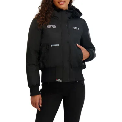 Karl Lagerfeld Cropped Patchwork Hooded Jacket With Faux Fur Trim In Black