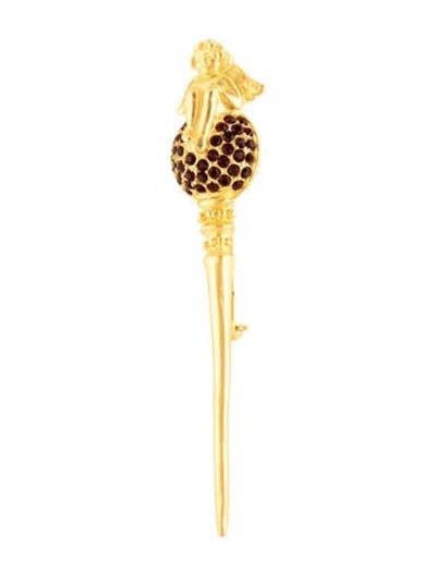 Pre-owned Karl Lagerfeld Crystal Cherub Angel Sceptre Pin Brooch In Red