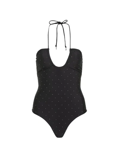 Karl Lagerfeld Crystal Halterneck Swimsuit In Black