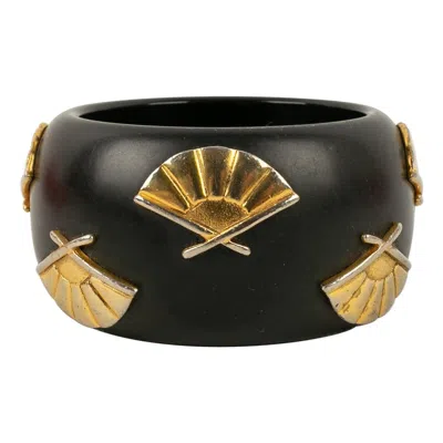 Pre-owned Karl Lagerfeld Cuff Bracelet In Beige Bakelite Ornamented With Fans In Brown