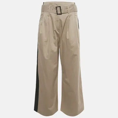Pre-owned Karl Lagerfeld Dark Beige /black Side Band Stripe Cotton Wide Leg Trousers M In Sand