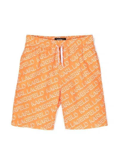 Karl Lagerfeld Kids' Diagonal Logo-print Swim Shorts In Orange