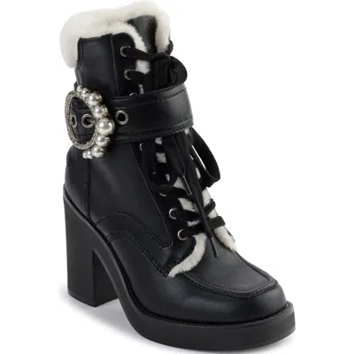 Karl Lagerfeld Dottie Platform Boot With Faux Fur Trim In Black/natural