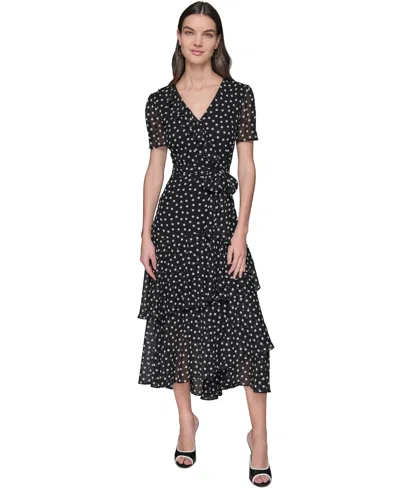 Karl Lagerfeld Dress Petite Chiffon Polka-dot Dress In Black,soft White