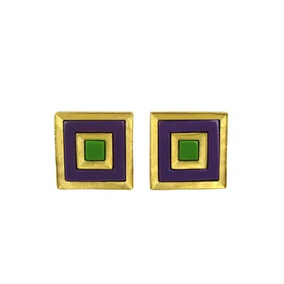 Pre-owned Karl Lagerfeld Earrings Charm Square Enameled Clip On In Sand