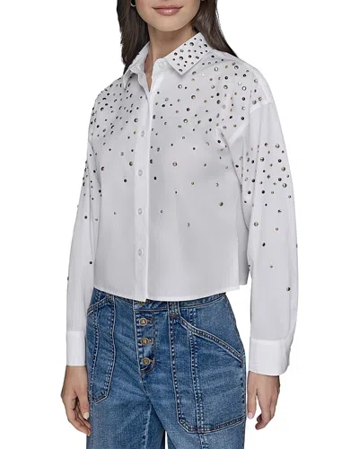Karl Lagerfeld Embellished Cropped Button Down Shirt In White