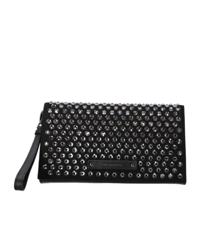 Karl Lagerfeld Embellished Logo Patch Clutch Bag In Black