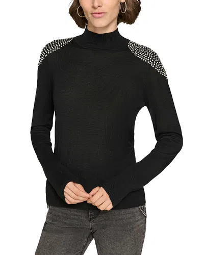 Karl Lagerfeld Womens Embellished Extra Fine Merino Wool Mock Turtleneck Sweater In Black