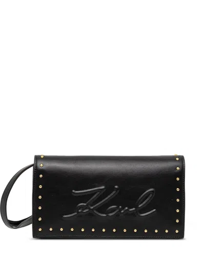 Karl Lagerfeld Embossed Studded Wallet On Strap In Black