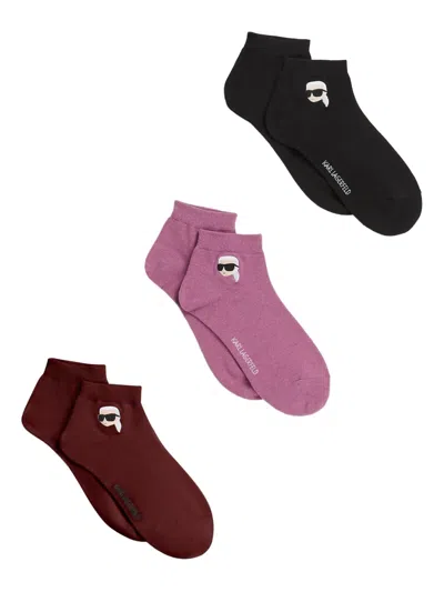 Karl Lagerfeld Embroidered-logo Ankle Socks (pack Of Three) In Red