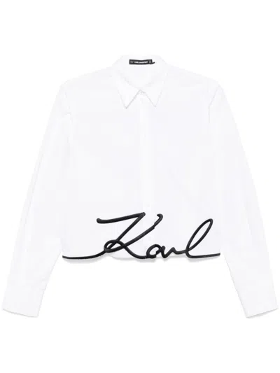 Karl Lagerfeld Embroidered-logo Cropped Shirt In White