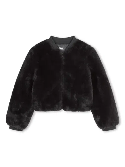 Karl Lagerfeld Kids' Embroidered Logo Faux Fur Jacket In Black