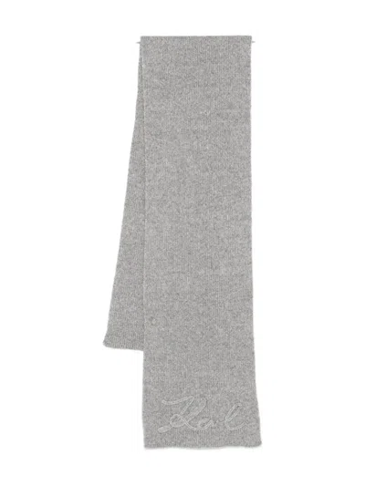 Karl Lagerfeld Embroidered-logo Scarf In Gray