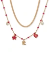 Karl Lagerfeld Enamel, Crystal & Imitation Pearl Logo Charm Layered Necklace In Gold/ Pink