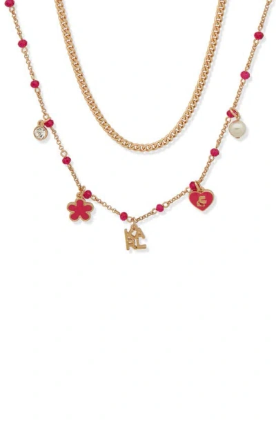 Karl Lagerfeld Enamel, Crystal & Imitation Pearl Logo Charm Layered Necklace In Gold