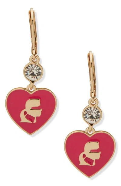 Karl Lagerfeld Enamel Heart Crystal Drop Earrings In Gold/pink