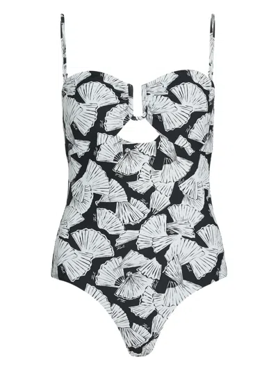 Karl Lagerfeld Fan-print Swimsuit In Black