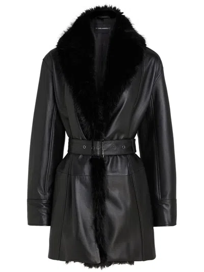 Karl Lagerfeld Faux-fur Collar Leather Coat In Black