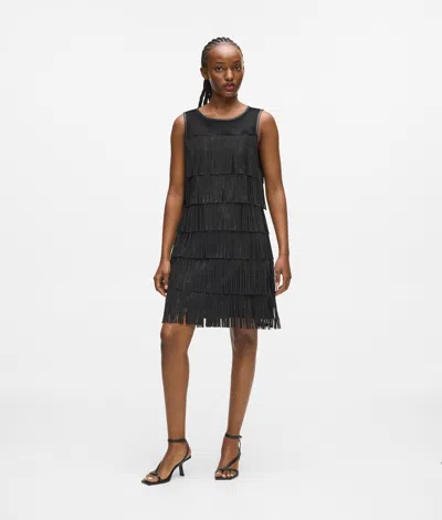 Karl Lagerfeld Faux Leather Fringe Dress In Black