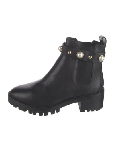 Pre-owned Karl Lagerfeld Faux Pearl Accents Leather Chelsea Boots In Black
