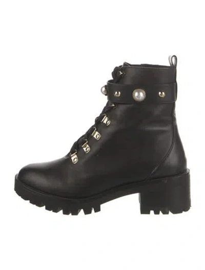 Pre-owned Karl Lagerfeld Faux Pearl Accents Leather Combat Boots In Black
