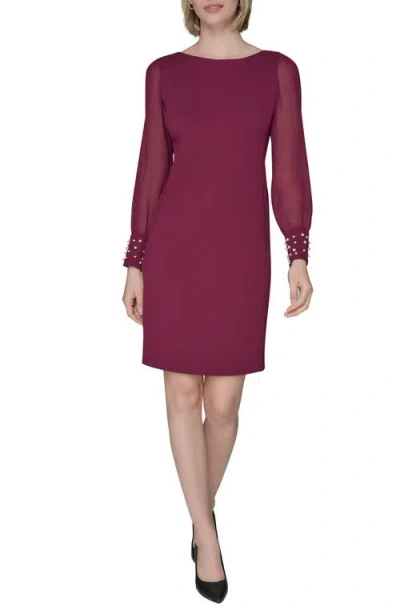 Karl Lagerfeld Faux Pearl Cuff Long Sleeve Scuba Crepe Sheath Dress In Burgundy