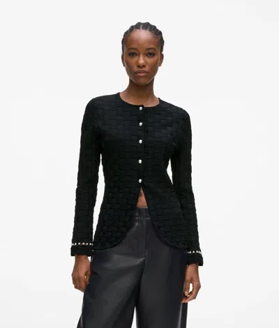 Karl Lagerfeld Faux Pearl Detail Knit Cardigan In Black