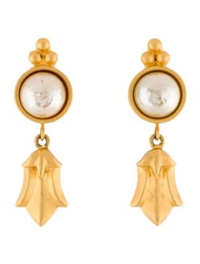 Pre-owned Karl Lagerfeld Faux Pearl Leaf Drop Clip-on Earrings In White