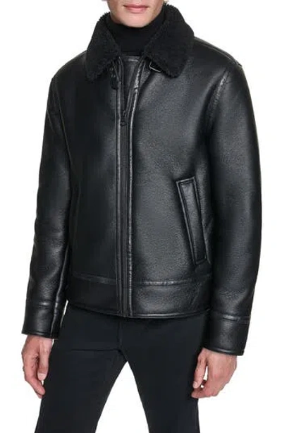 Karl Lagerfeld Faux Shearling Collar Faux Leather Aviator Jacket In Black