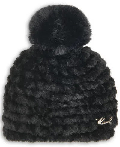 Karl Lagerfeld Faux-fur Pom Logo Hardware Hat In Black
