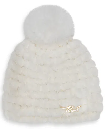 Karl Lagerfeld Faux-fur Pom Logo Hardware Hat In Ivory