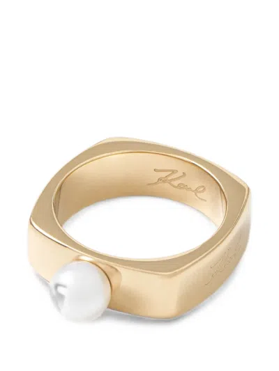Karl Lagerfeld Faux-pearl Embellished Engraved Ring In Multi
