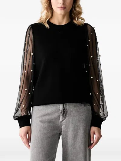 Karl Lagerfeld Faux-pearl Sheer-sleeve Top In Black