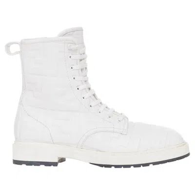 Pre-owned Karl Lagerfeld Fendi 2019 Nappa Ff Embossed Karligraphy Leather Lace Up Combat Boots Eu38.5 In Gray