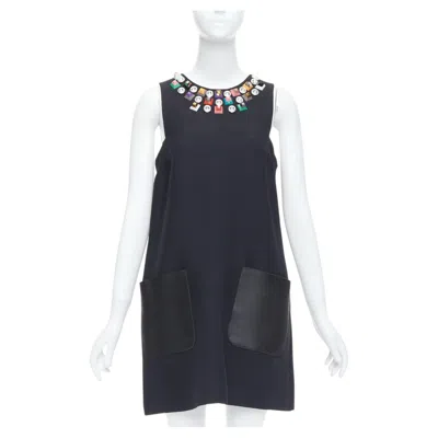 Pre-owned Karl Lagerfeld Fendi Multicolour Studded Rhinestone Neckline Leather Patch Pocket Dress It42 M In Black