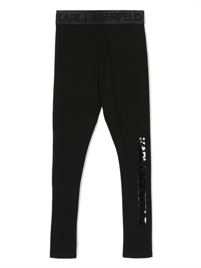 Karl Lagerfeld Kids' Flocked-logo Elasticated Leggings In Black