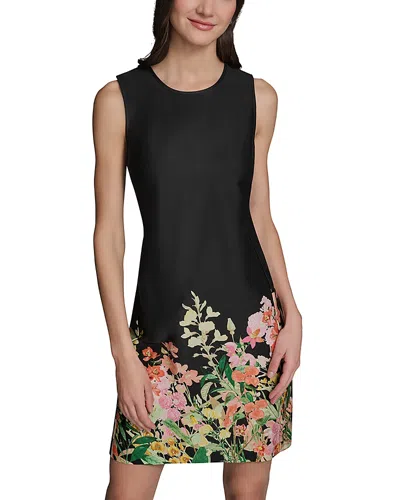 Karl Lagerfeld Floral Border Print Sleeveless Cotton Sateen Shift Dress In Black