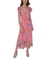 Karl Lagerfeld Floral High Low Flutter Sleeve Dress In Pink