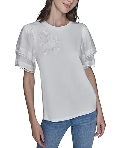 KARL LAGERFELD FLORAL KNIT FLUTTER SLEEVE TOP