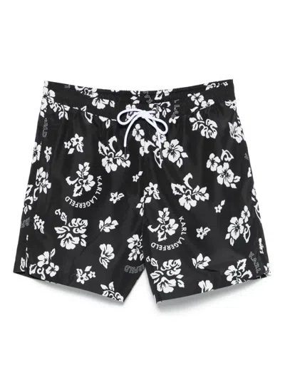 Karl Lagerfeld Floral-print Swim Shorts In Black