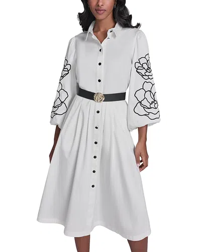 Karl Lagerfeld Paris Floral Stitch Belted Midi Dress In White