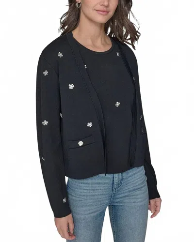 Karl Lagerfeld Floral-rhinestone Cardigan In Black In Blue