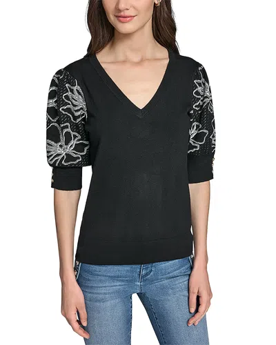 Karl Lagerfeld Floral Short Sleeve Sweater In Black